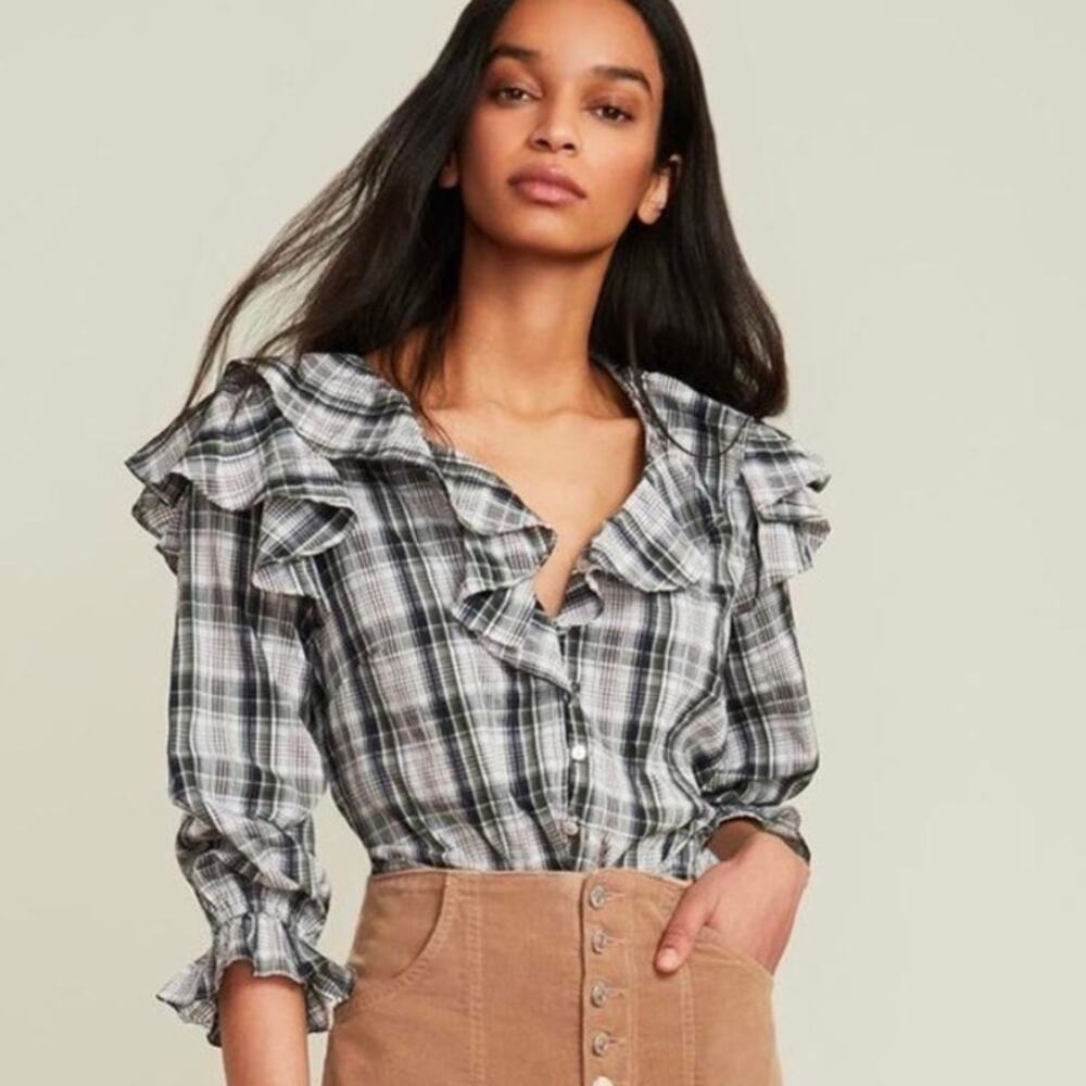 Veronica Beard Itha Ruffled Plaid Top Blouse Women Sz 8 Medium Plaid Button Down
